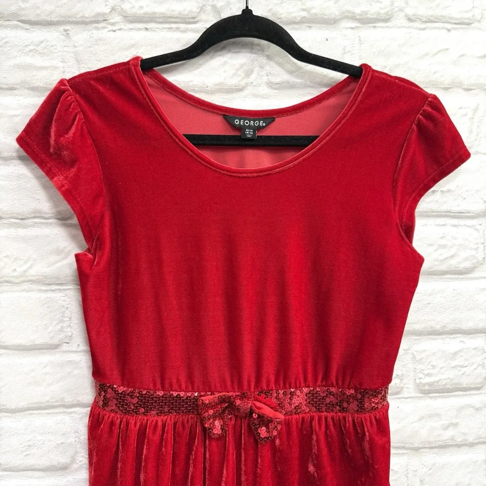 George Girls Sz 14/16 Red Velvet & Sequin Christmas Holiday Dress Formal  w/ Bow